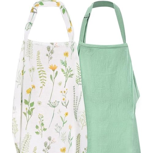 2 Pack Nursing Covers Muslin Nursing Cover Privacy Breastfeeding Cover for Moms Soft Cotton Breathable with Arch Neckline Soft Green