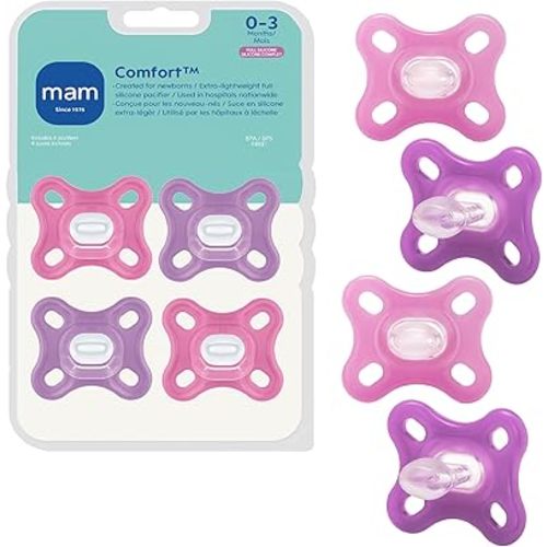 MAM Comfort Baby Pacifiers 0-3 Months Newborns, Lightweight One-Piece Full Silicone Binky, BPA-Free Nipple, Easy to Clean Pacifier, Best for Breastfed Babies, 4 Count, Made in Europe