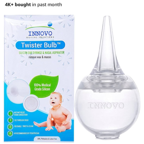 Innovo FSA/HSA Eligible Hospital Grade Silicone Twister Bulb Baby Ear Syringe and Nasal Aspirator, Sucks Snot and Mucus, Cleanable and Reusable, Clear