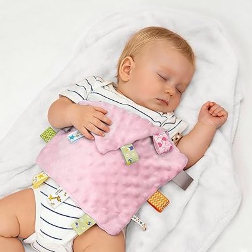 ZIGJOY Baby Tag Security Blanket, Soft Lovies for Babies, Baby Comforter,10"X10", Pink