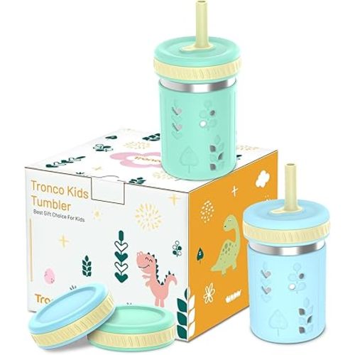 Tronco [2 Pack] 10 oz 2-in-1 Stainless Steel Kids Tumbler Cups with Silicone Sleeves, Spill-Resistant Flexible Straws & Storage Lids, BPA-Free Smoothie and Snack Cups, Dishwasher Safe