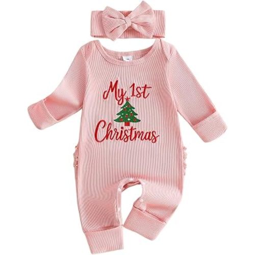Adobabirl My First Christmas Baby Girl Outfit Newborn Onesie Embroidery Long Sleeve Romper Headband Fall Winter Clothes