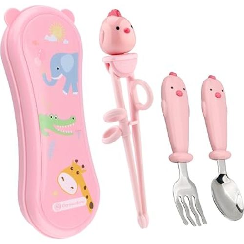 Toddler Utensils Stainless Steel Kids Silverware Set with Kids Training Chopsticks and Baby Spoon and Fork for Self Feeding Learning with Case (3PCS)(Pink)