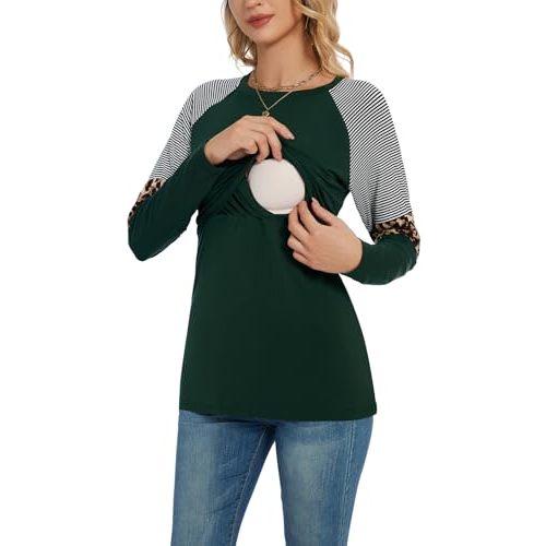 Smallshow Women's Nursing Shirt Top Leopard Block Patchwork Breastfeeding Clothes