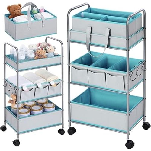 2in1 Colorful Baby Diaper Caddy Organizer Cart 3 Tier Large Capacity Metal Utility Bedside Rolling Cart with Divider for Newborn Nursery Essential Must Have Crib Bedroom Baby Shower(Pink)