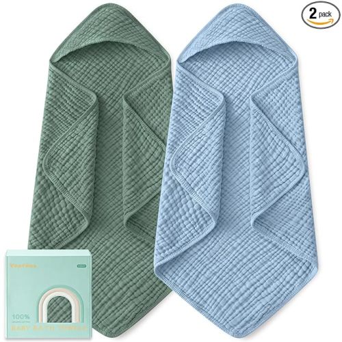 Yoofoss Hooded Baby Towels for Newborn 2 Pack 100% Muslin Organic Cotton Baby Bath Towel with Hood for Babies, Infant, Toddler and Kids, Large 32x32Inch, Soft and Absorbent Newborn Essential