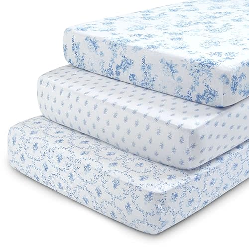 Delta Children Fitted Crib Sheets for Girls and Boys - 100% Organic Cotton Crib Sheet for Standard Crib and Toddler Mattresses - 28x52 Inch - GOTS Certified (Pack of 3), Blue Botanicals