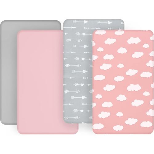 Bassinet Fitted Sheet(33" x 20"), 4 Pack for Most Bedside Sleeper Bassinet, Bassinet Sheets, Breathable & Soft Microfiber, Grey/Pink