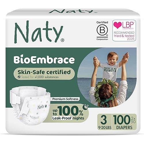 Naty BioEmbrace Baby Diapers | Sensitive Skin Safe Certified | Leak Protection up to 100% | Plant-Based Softness, Premium Comfort | Chlorine-Free | Size 3 (9–20 lbs), 100 Count