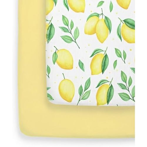 Pack and Play Sheets Fitted - 2 Pack Mini Crib Sheets for Pack N Play Mattress - Unisex Playard Microfiber Bedding for Boys & Girls - Soft, Breathable and Wrinkle Free - Oeko-Tex, 38 x 26in - Lemons