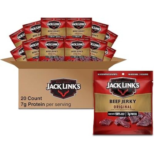 Jack Link's Beef Jerky Multipack - Original - Made with 100% Real Beef - Ready to Eat Real Meat Protein Snacks - 7g Protein per Serving - 0.625 oz Bags (20 Pack)