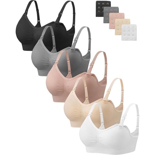 Angelhood Nursing Bra 5 Pack Womens Maternity Breastfeeding Seamless Wireless Sleep Bra with Extenders
