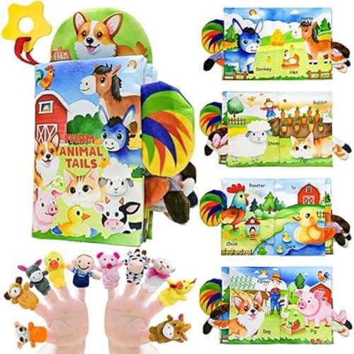 Farm Crinkle Books for Babies with 10 Finger Puppets Set, Touch and Feel Cloth Soft Farm Animal Tail Baby Books 0-6 Months with Teething Toy, Infant Toys 6-12 Months, Baby Shower Birthday Gifts