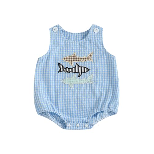 SHUING Baby Boy Fishing Outfit Shark/Crab Embroidery Sleeveless Bubble Tank Top Newborn Bodysuit Infant Ocean Beach Clothes