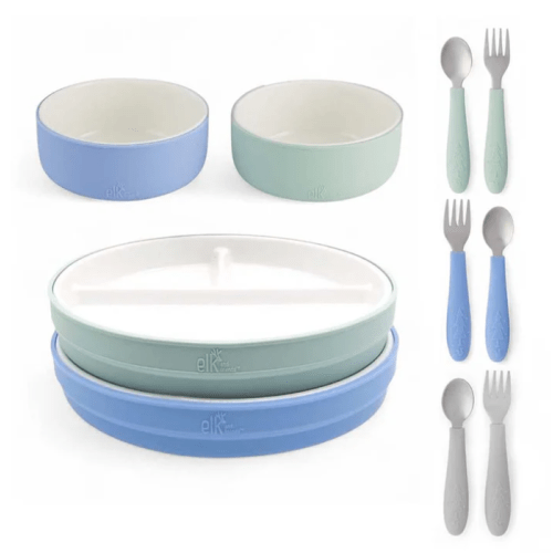 Kids Porcelain Mealtime Bundle | Normal Sleeves | 7.8" Plates, Bowls + Toddler Utensils | 10 Pcs | Sage/MistyBlue