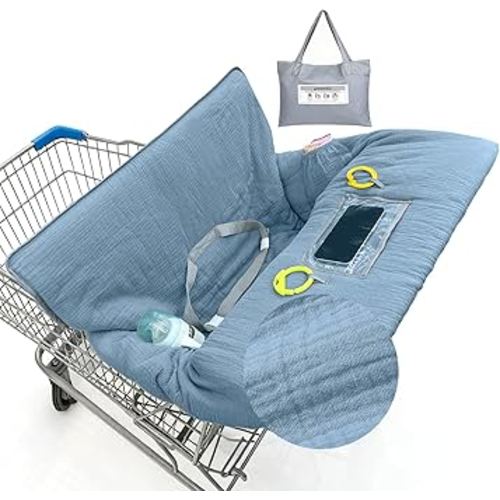 Muslin Shopping Cart Cover for Baby Soft & Breathable High Chair Covers for Restaurant Seat Grocery Cart Cover with Storage Pocket Machine Washable for Infant Toddler Boy and Girl, Blue