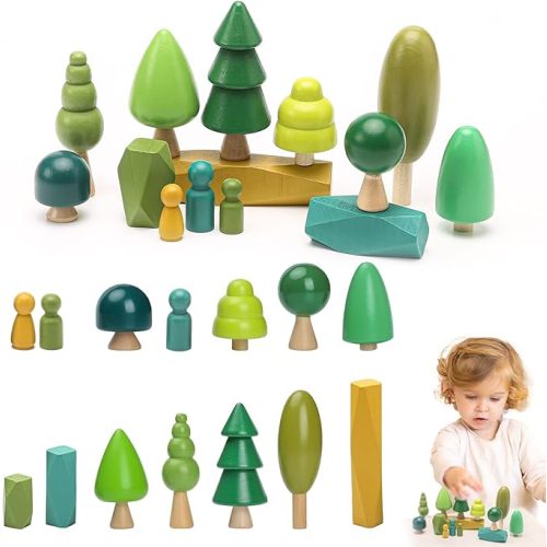 Wooden Tree Toy Set - 14 Piece Natural Wooden Sorting, Stacking, Balancing Stones & Mini Trees for Home Decor, Cake Toppers & Montessori Toys