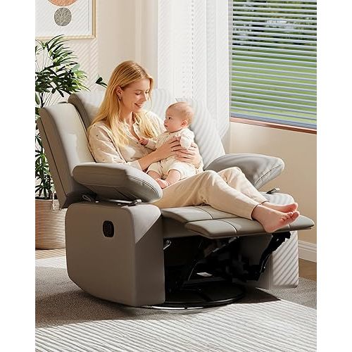 AILEEKISS Rocking Chair Nursery Swivel Recliner Glider Chair with Adjustable Armrests,Headrest Rocker Nursing Chair for Breastfeeding Comfy Upholstered Living Room Reclining Chairs for Bedroom(Grey)