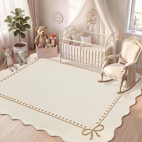 Garvee Scalloped Bow Rug Beige Washable Solid 4x6 Area Rugs for Living Room