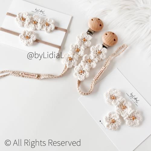 Crochet Flower Baby Pacifier Clip & Headband Set