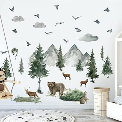 Woodland Nursery Wall Stickers Watercolor Mountain Tree Wall Decal Jungle Trees Animals Home Decals Sticker DIY Cartoon Deer Bear Wolf Forest Animal Home Sticker for Kids Room Bedroom Nursery Decor