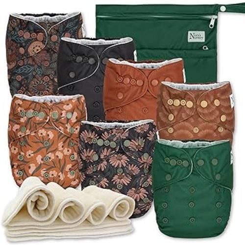 Nora's Nursery Cloth Diapers 7 Pack with 7 Inserts & 1 Wet Bag - Waterproof Cover, Washable, Reusable & One Size Adjustable Pocket Diapers for Newborns and Toddlers - Dahlia