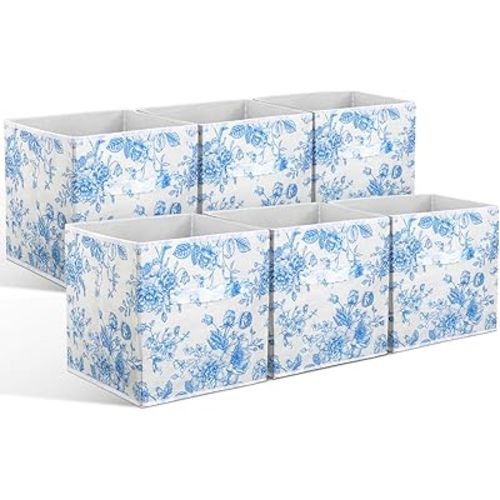 Geelin 6 Pcs Blue Floral Cube Storage Bins 11 Inch Blue Flower Storage Basket with Handle, Preppy Girls Organizer Basket, Collapsible Fabric Box for Classroom Bedrooms Office Home Decoration Gift