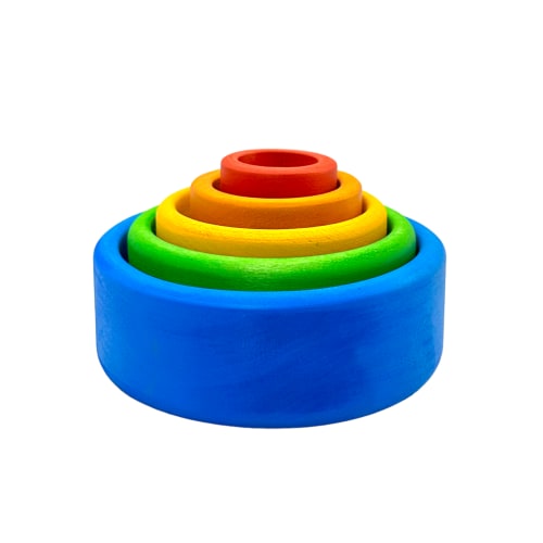 **Pre-order (Ships in 1-2 Weeks)**5-Piece Stained Wooden Stacking & Nesting Bowl Set – Blue Sunset