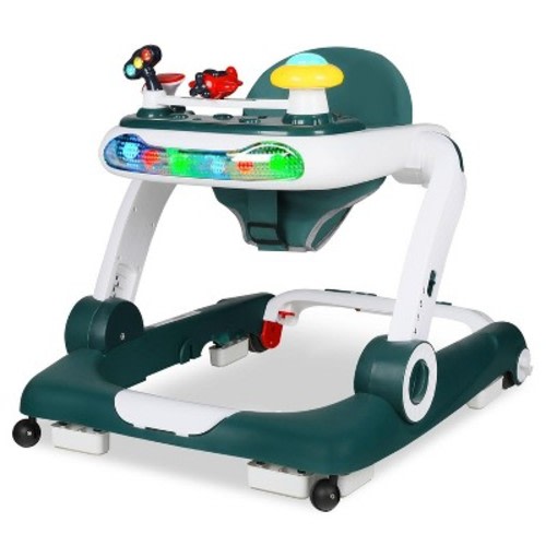 Kinder King 5-in-1 Baby Walker with Music & Lights, Activity Center for Toddler, Adjustable Height, Safety Bumper, Green