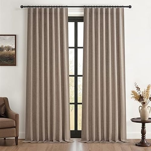 QJmydeco Dark Flax Black Out 96 Inch Long Boho Curtains 2 Panel Set, Farmhouse Curtain for Living Room Darkening/Thermal/Noise Reduction Textured Linen Drape 8ft Hook&Ring Included Chocolate 50"x96"
