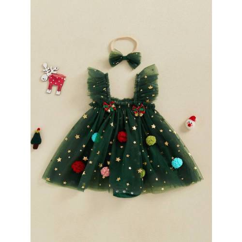 Baby Girl Christmas Tree Romper Dress Star Sequin Tulle Skirt Lace Bodysuit Headband Newborn Infant Christmas Outfit Newborn Baby Girls Christmas Romper Dress | SHEIN USA
