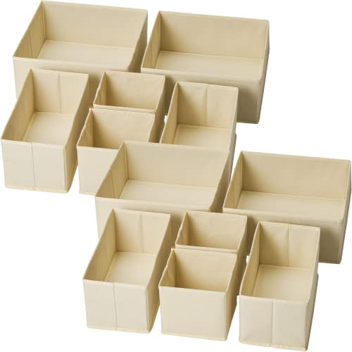 12 Pack Clothes Drawer Organizer Dividers, Fabric Foldable Closet Dresser Drawer Organizer for Clothing, Bra Sock Underwear Drawer Organizer for Nursery Bedroom Organization (12 Bins, Beige)