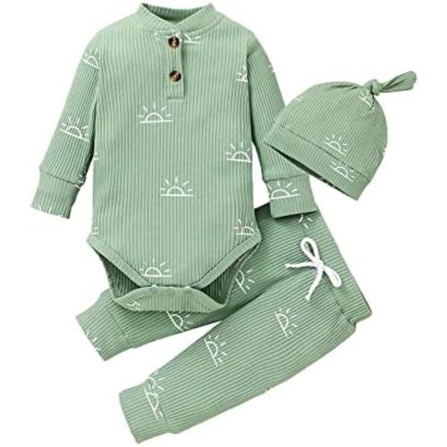 Newborn Infant Baby Boy Clothes Print Long Sleeve Bodysuit + Pants + Hat 3 PCS Outfits Set