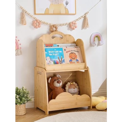 Bamboo Kids Bookshelf 3-Tier with Modular Storage, Montessori Bookcase for Toddler Kids Rooms, Baby Nursery, Playroom, Classroom