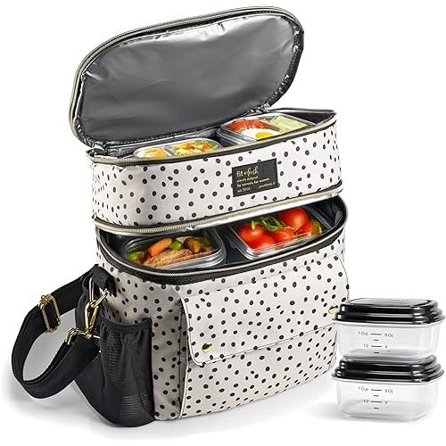 Fit & Fresh Westminster Dual-Compartment Insulated Lunch Bag for Women, Complete Lunch Set with 2 Containers, Double Deck Insulated Cooler Bag with Adjustable Strap, Black & White Polka Dots