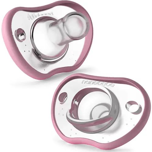 Nanobebe Baby Pacifiers 0-3 Month - Orthodontic, Curves Comfortably with Face Contour, Award Winning for Breastfeeding Babies, 100% Silicone - BPA Free. Perfect Baby Registry Gift 2pk,Pink
