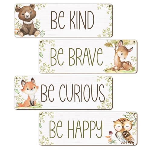patcate Woodland Nursery Decor, Jungle Safari Animals Boysroom Wall Sign Art, Be Kind Brave Curious Happy Decorations for Kids Boys, 4 Pieces Wood Sign, 3.9x11.8 In-A03