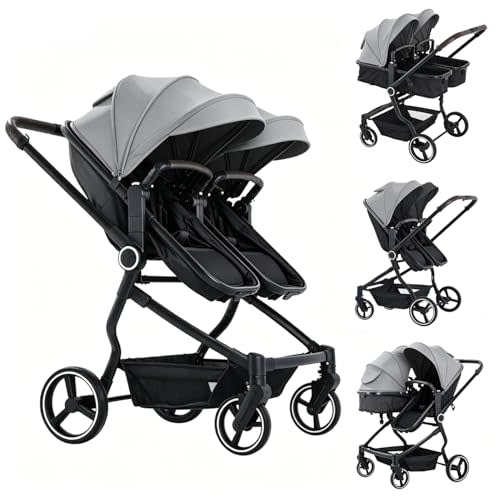 Double Stroller for Infant and Toddler, Gray | Lightweight side-by-side twin | 26.8" slim fits doors | Compact fold & travel | Independent recline | 5-pt harness & basket