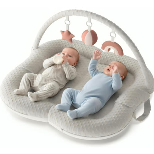 Twins Baby Play Mats for Floor Activity Gym - 5-in-1 Support Cushion Baby Play Mat Tummy Time Mat for Supervised Bonding with Arch, Plush Toys, Flashcards & Developmental Book - Grey