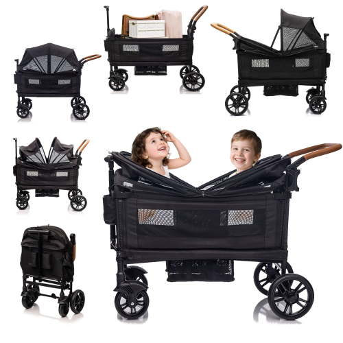Funyard 2-in-1 Stroller Wagon for 2 Kids, Push Pull Wagon with 5-Point Safety Harness, Removable Canopy & Adjustable Handlebar, Lightweight Fold,Cup holder，Black