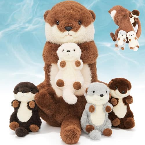 OUOZZZ 18.5" Otter Stuffed Animal 5-in-1 Otter Plush Toy for Girls Boys | Soft Cuddly Sea Otter Family Plushies Toy for 3+ Year Old Birthday Gifts, Adorable Pretend Play for Toddlers
