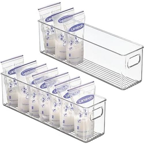 mDesign Plastic Long Stackable Storage Organizer Container, Organization Bin w/Handles for Kitchen, Pantry, Fridge, Freezer, Cabinet, Perfect to Hold Breast Milk - Ligne Collection - 2 Pack, Clear