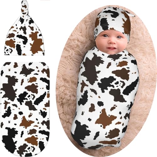 Brown Cow Print Baby Stuff Newborn Swaddle Blanket Beanie Hat Set, Soft and Stretchy Cow Print Baby Blanket Swaddle Sack Gift for Boy and Girl Highland Cow