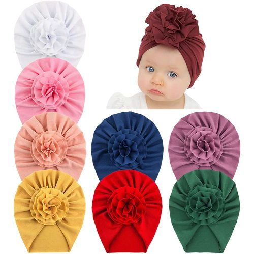 inSowni 8 Pack Solid Nursery Hospital Turban Hat Cap Beanie Bonnet with Flower for Baby Girls Toddlers Newborns Infants