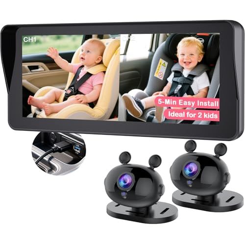 Wkzay HD 1080P Dual Baby Car Camera for 2-Kids: 6.9 Inch Split Display with 2 Night Vision Carseat Cameras - 5-Mins USB Easy Install 360° Adjustable for New Parents