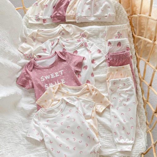 SHEIN Newborn Baby Girl Summer Cute Knitted Polka Dot Strawberry Print 4pcs Set: Romper, Pants, Hat, Gloves | SHEIN USA