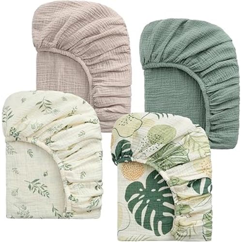 Muslin Crib Sheets, 52"x28" Fitted Crib Sheet for Baby Boys and Girls, 4 Pack Soft Cotton Cover for Standard Crib Baby Bed and Toddler Mattress (Leaves, Green)