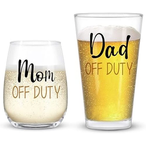 Futtumy Dad & Mom Gift Set - Off Duty Beer & Stemless Wine Glass Combo for New Parents, Funny Gift for Father's Day, Mother's Day, Christmas, Birthday, Baby Shower