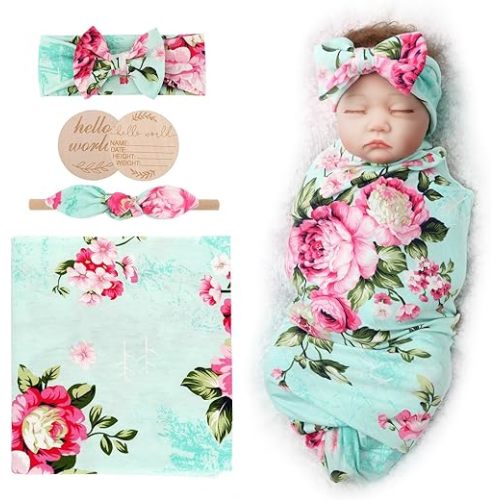 AQOKKA Newborn Receiving Blanket with Bow Hat Headband Wooden Card Set Newborns Toddler Baby Boy Girl Nursery Swaddle Wrap
