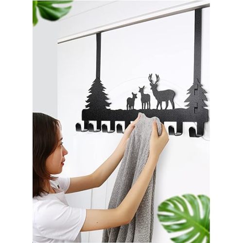 Over The Door Hook Easy Installation Organizer Coat Hooks Wall Mounted Metal Towel Hook Rack Animal Deer Hanger for Bathrooms Door Hanging Dual Mounted Key Hooks 8-Hooks,Black
